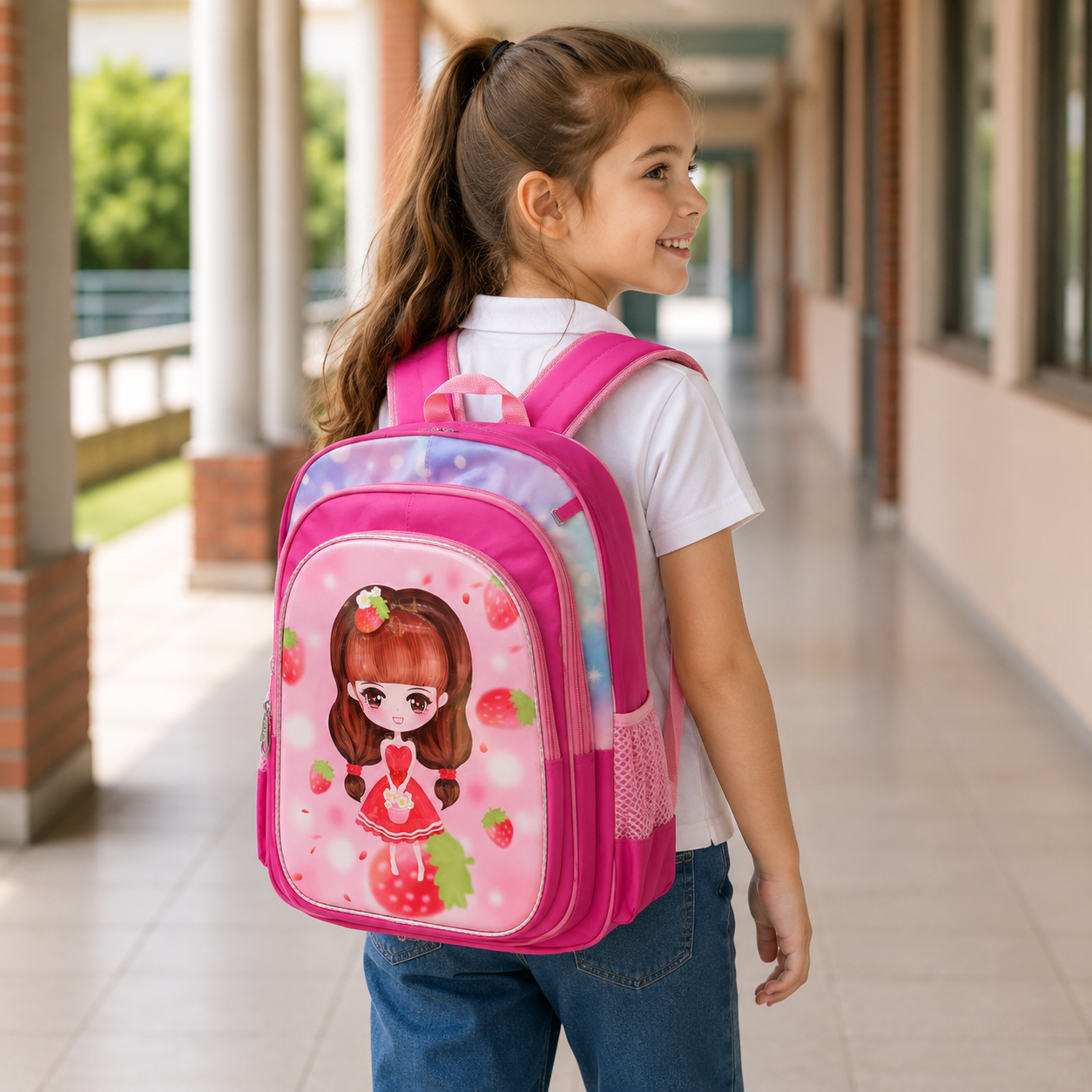 Pink girls school bag detail of padded straps