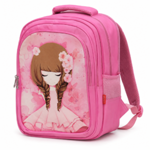 Pink girls' school backpack with floral character print, front view