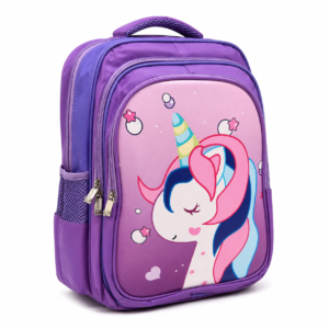 Purple girls' school backpack with raised unicorn print, front view