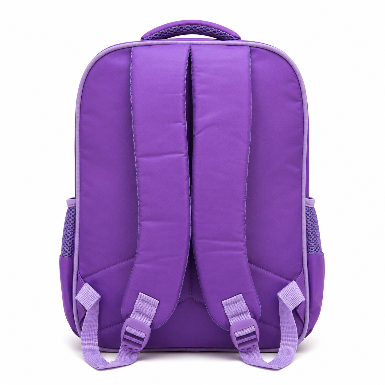 Purple unicorn school backpack side view with mesh pocket