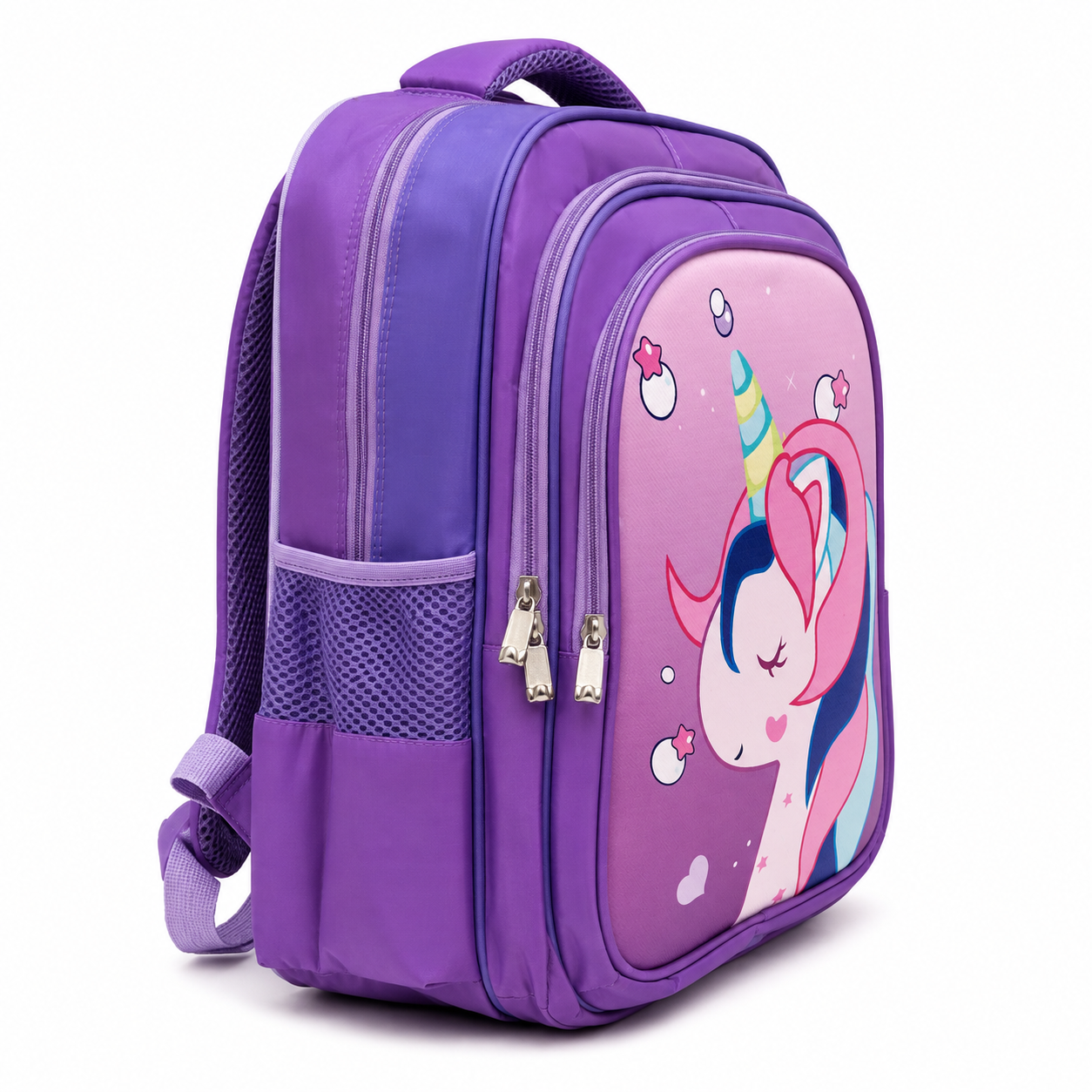 Purple kids backpack showing zip compartments