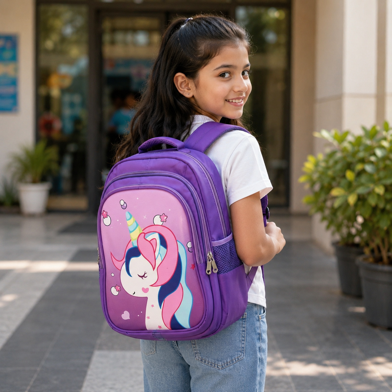 Purple unicorn backpack detail of padded straps