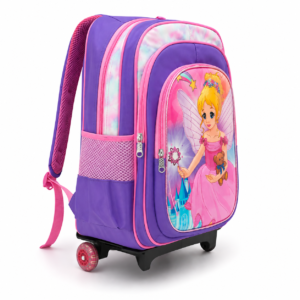 Purple girls' fairy print trolley school bag with wheels, front view