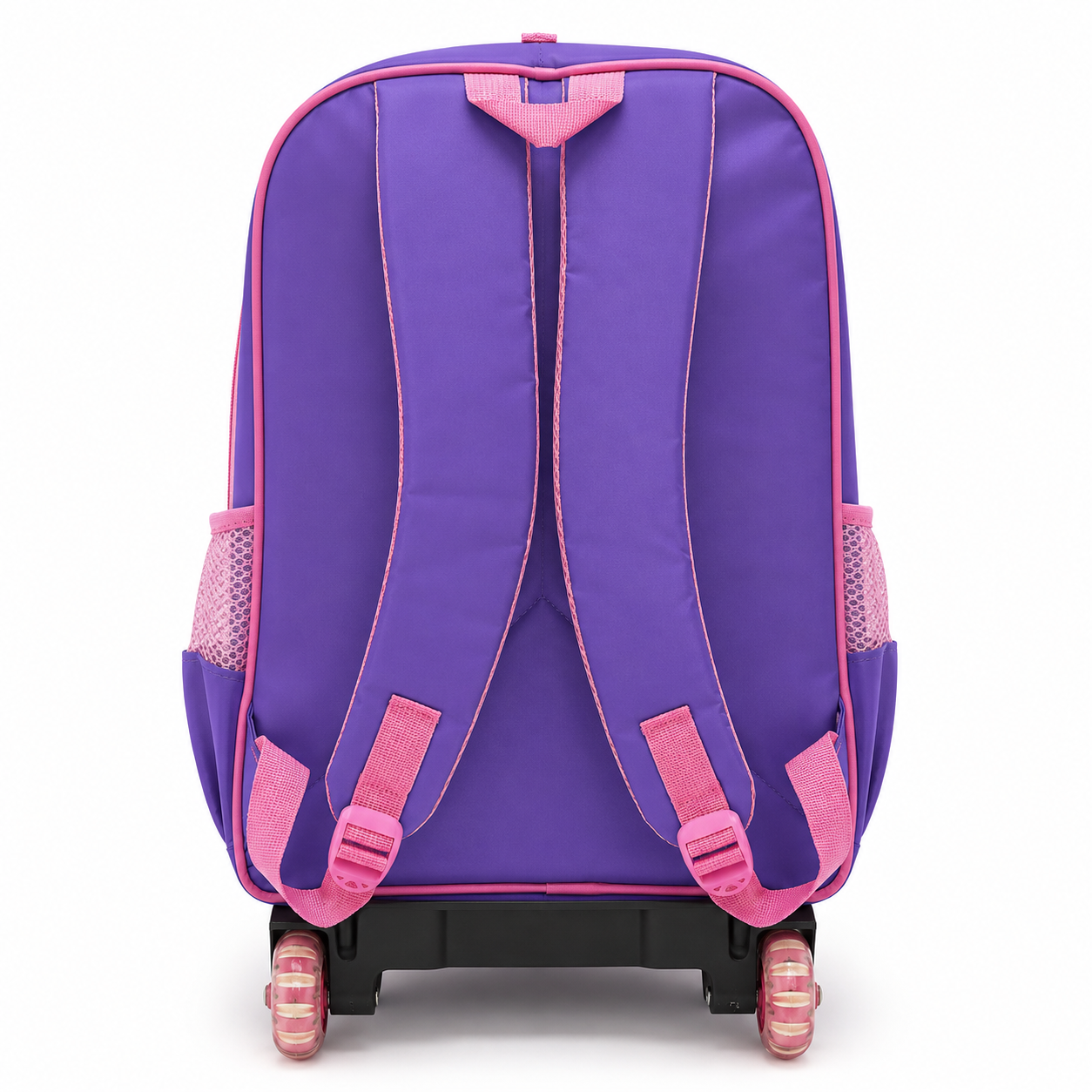 Purple trolley school bag side view showing wheels and pull handle