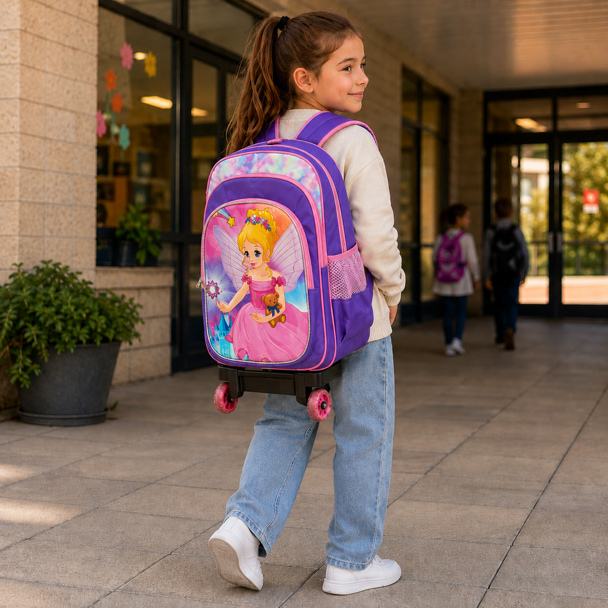 Purple kids trolley bag showing padded backpack straps