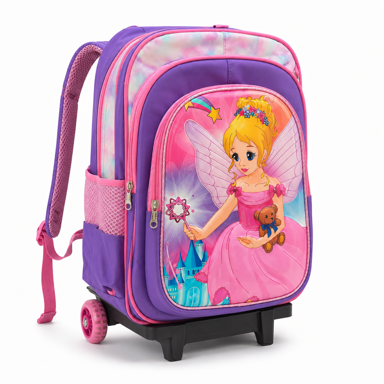 Purple fairy trolley school bag detail of zip compartments