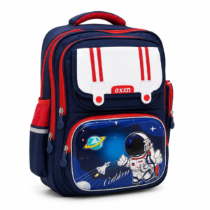 Navy kids school backpack with astronaut print and flap pocket, front view