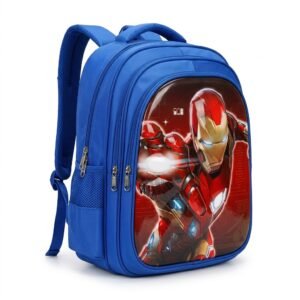 Blue kids school backpack with raised superhero print panel, front view