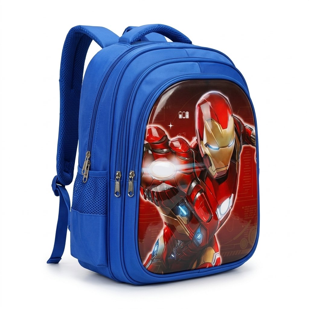 Blue kids school backpack with raised superhero print panel, front view