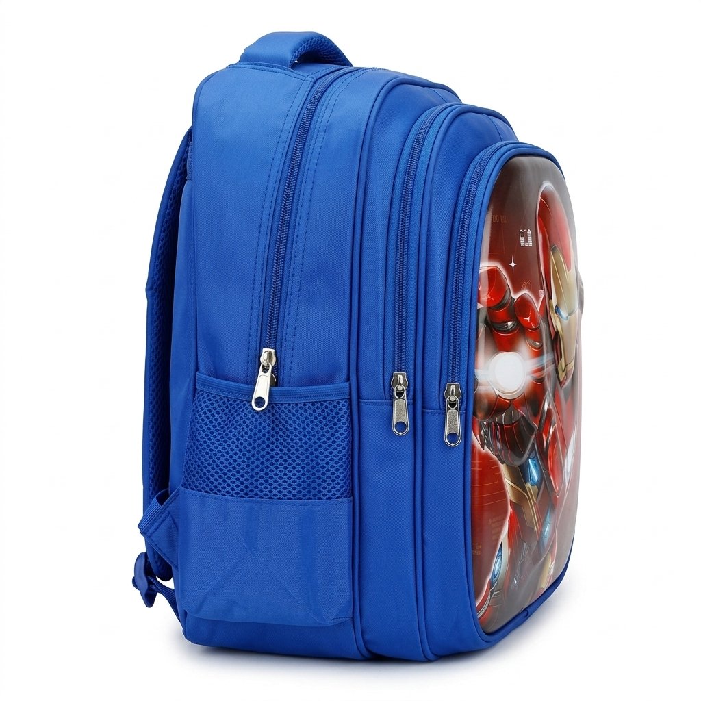 Blue kids backpack side view showing mesh bottle pocket