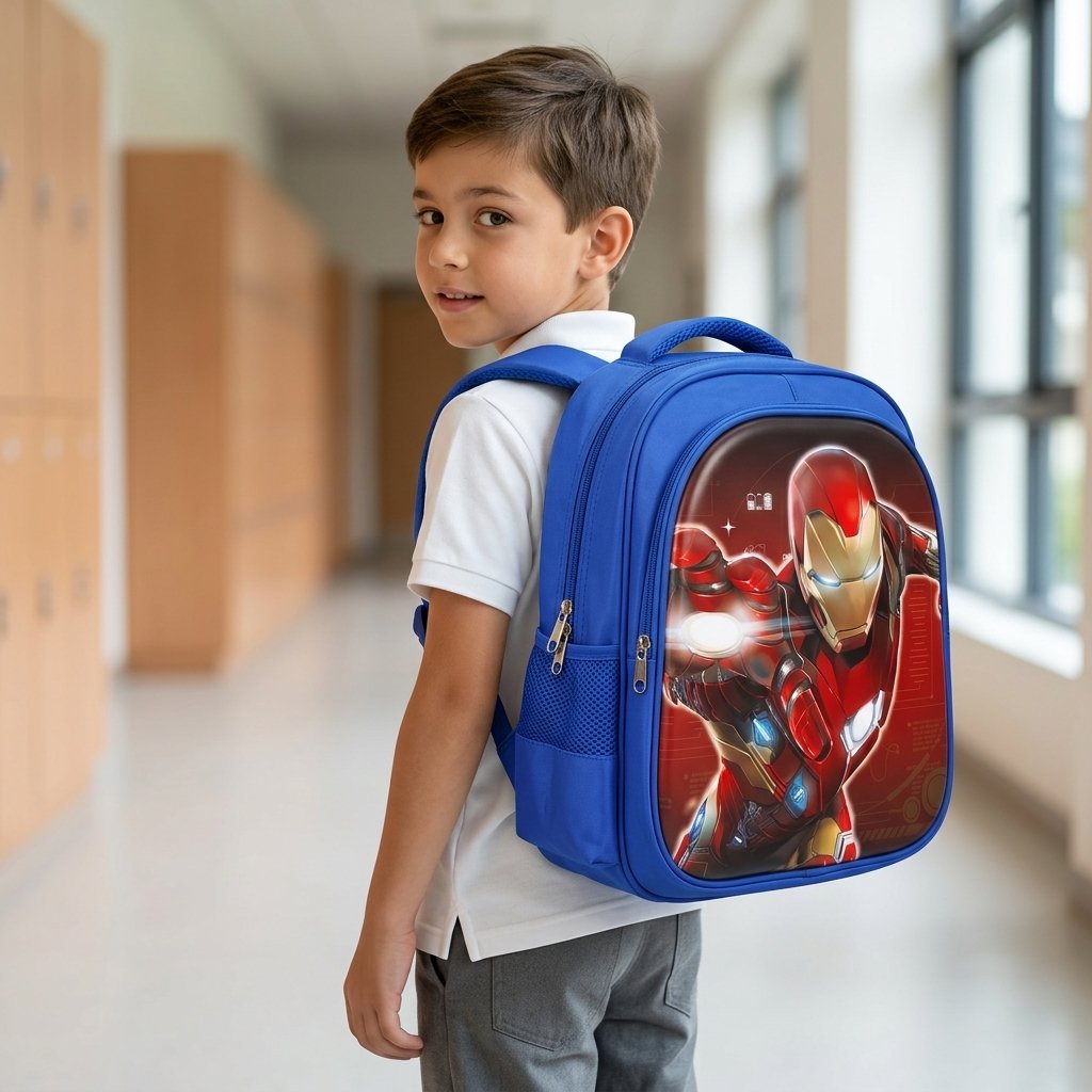 Blue school backpack showing twin zip compartments