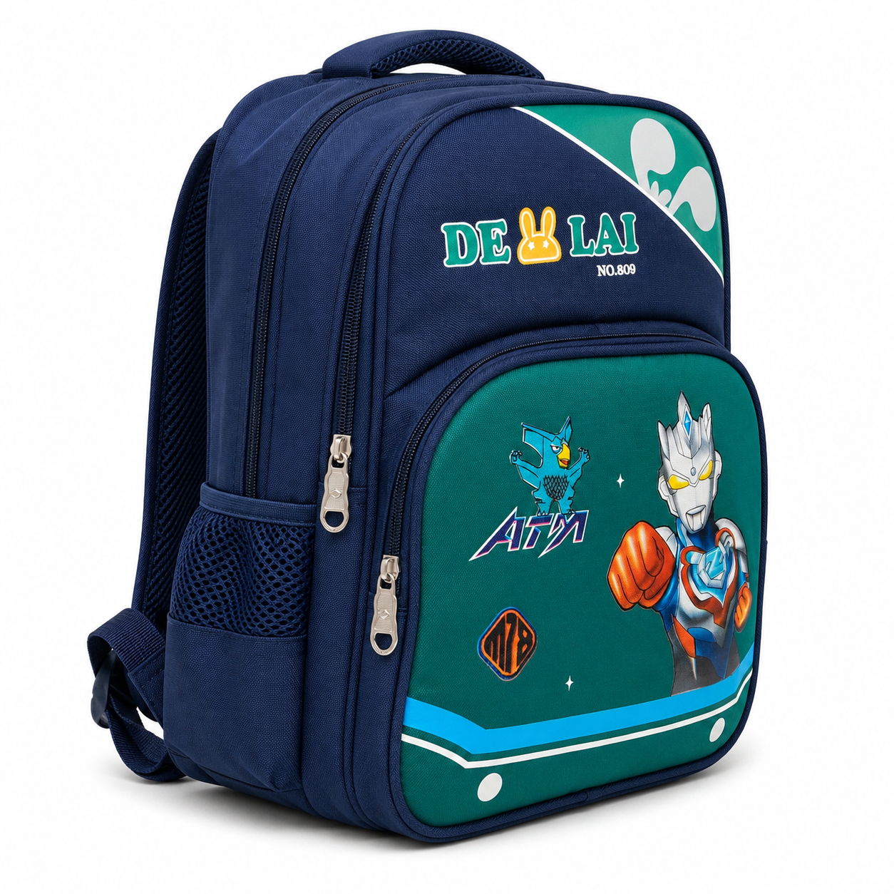 Navy and green boys school backpack with character print, front view