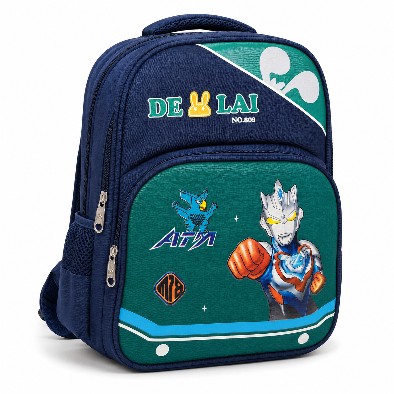 Navy boys backpack side view showing mesh bottle pocket