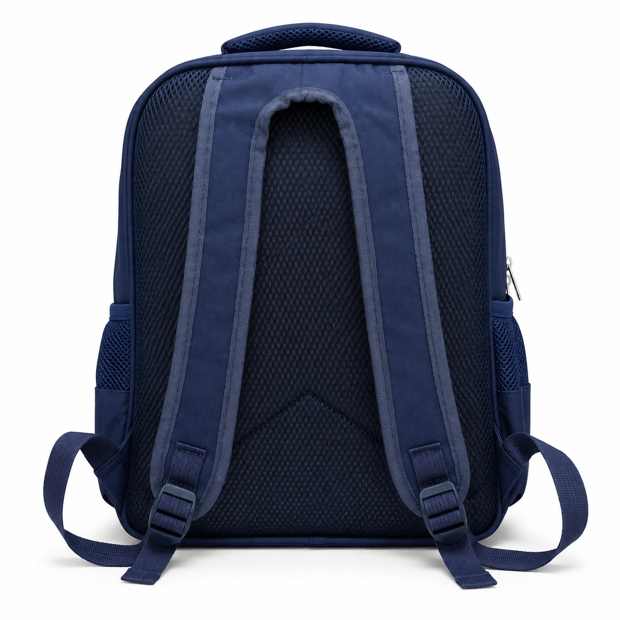Navy green school backpack showing zip compartments