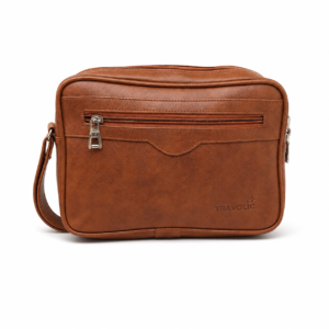 Tan faux leather crossbody shoulder bag front view with zip pocket
