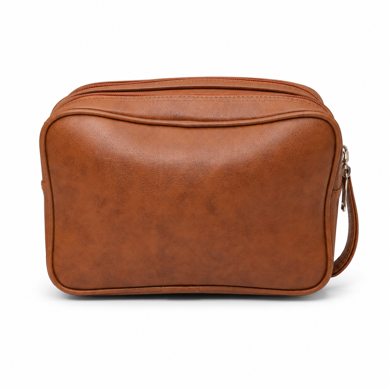Tan shoulder bag angled view showing top zip compartment