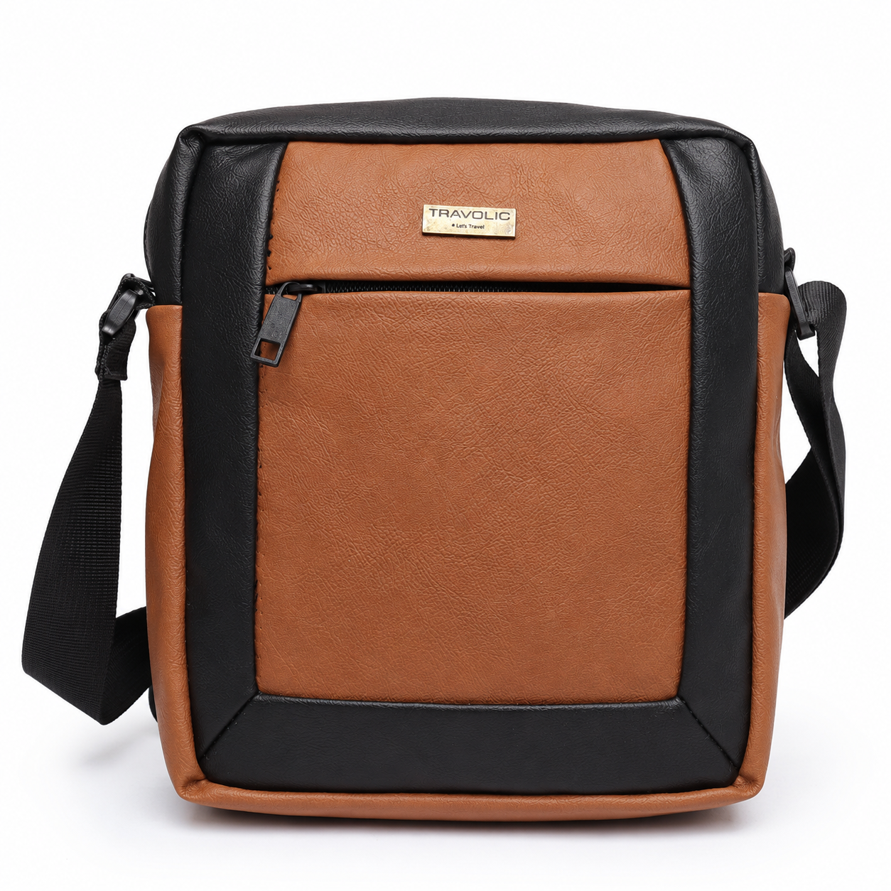 Two-tone crossbody sling bag angled view with adjustable strap
