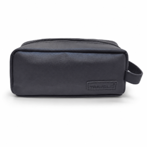 Black faux leather travel toiletry pouch front view with side loop