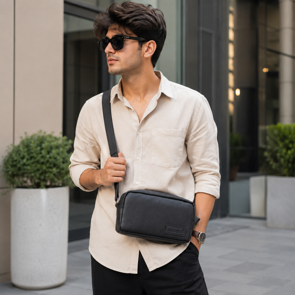 Black faux leather wash bag rear view