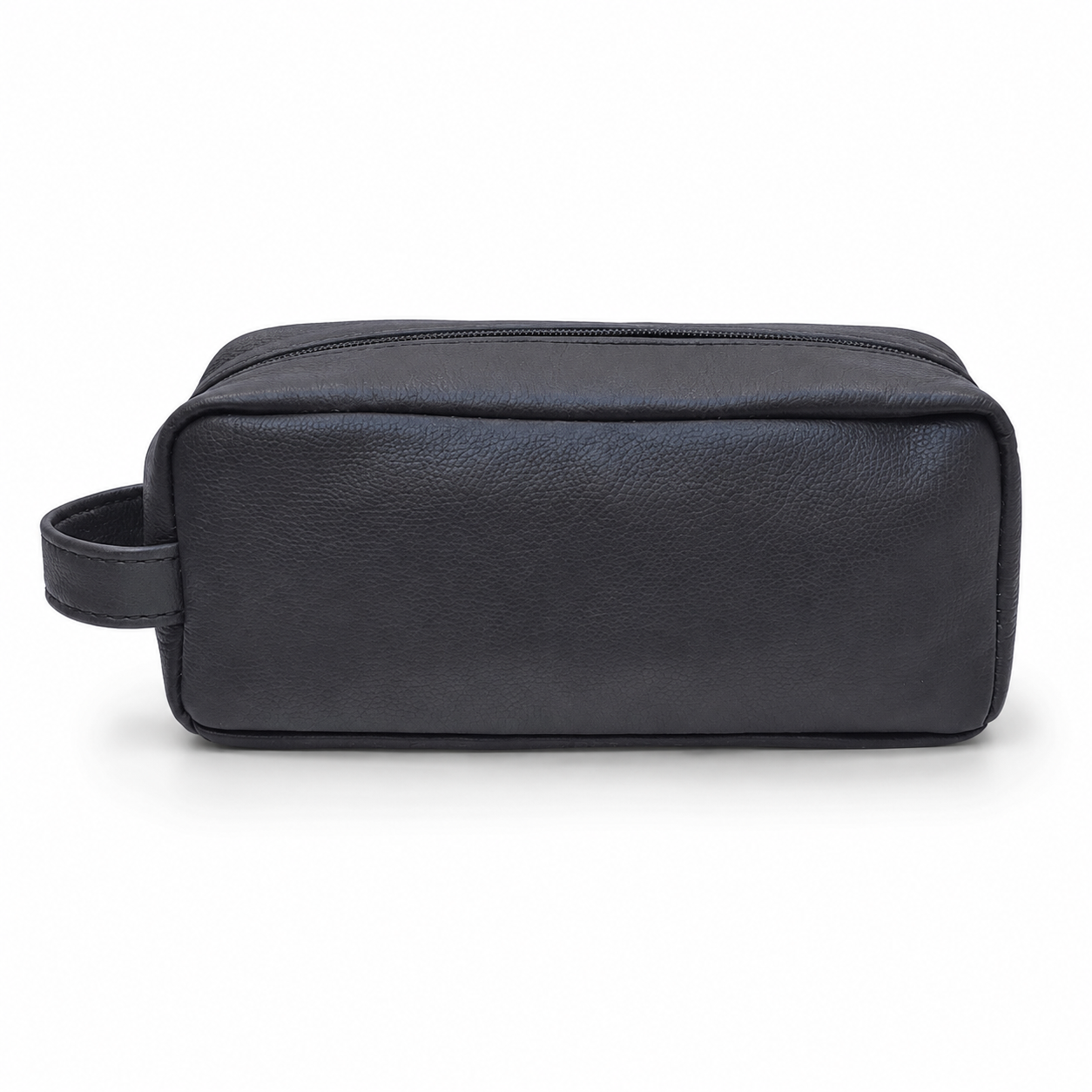Black travel toiletry pouch detail of zip and carry loop