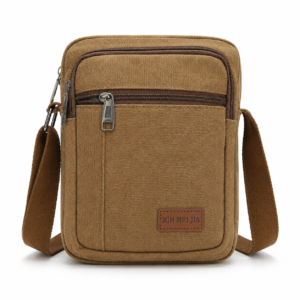 Khaki canvas crossbody messenger sling bag front view with shoulder strap