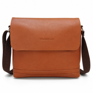 Tan faux leather flap-over messenger bag front view with shoulder strap