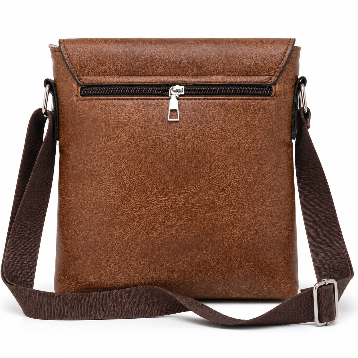 Brown crossbody sling bag angled view showing adjustable strap
