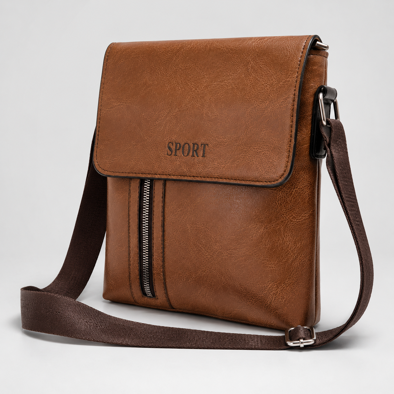Brown faux leather sling bag rear view