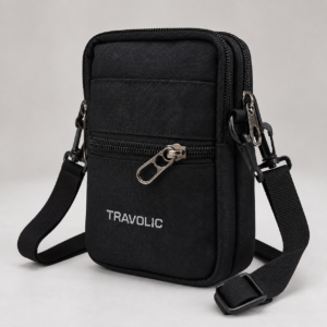Black compact crossbody phone pouch with detachable strap, front view